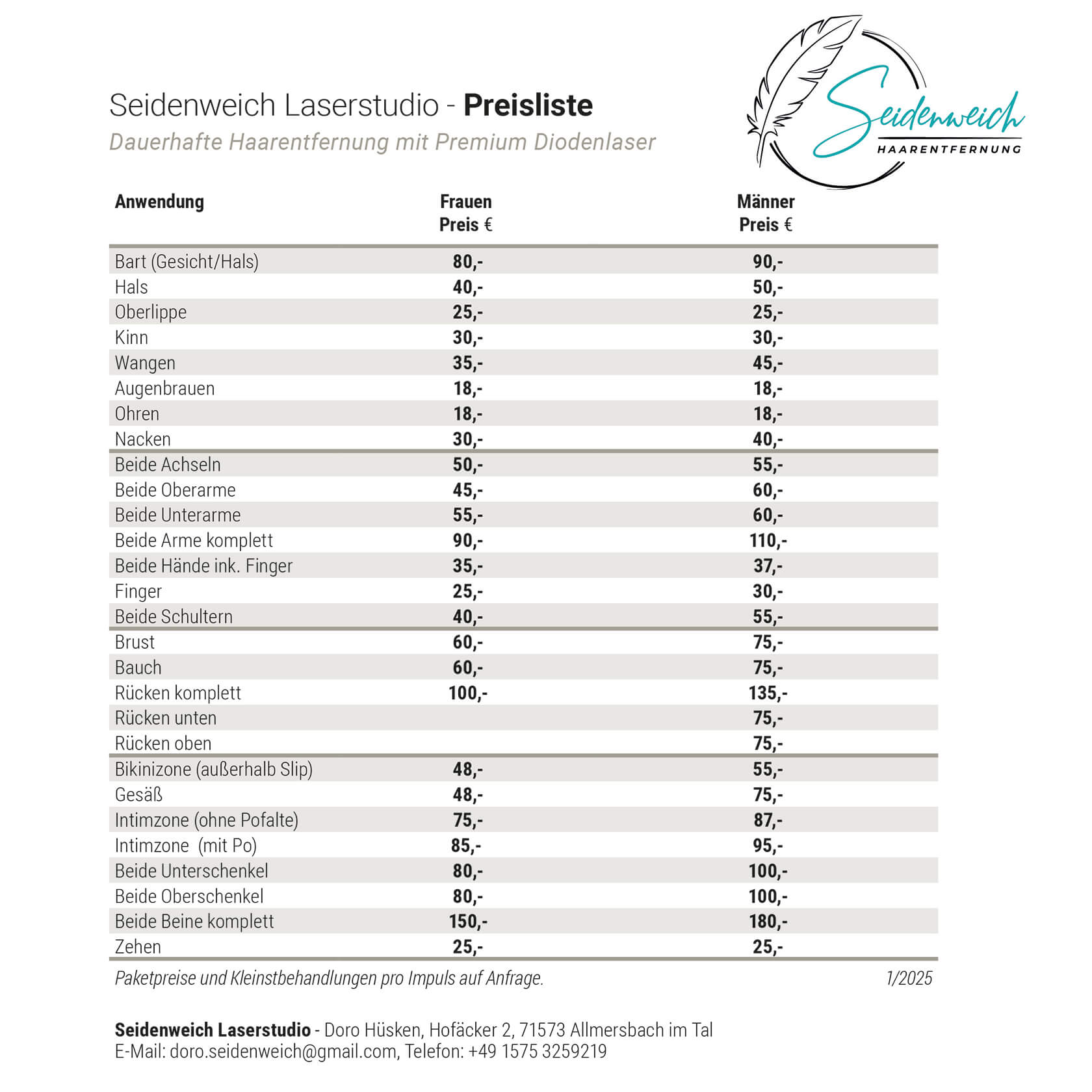 Seidenweich Preisliste